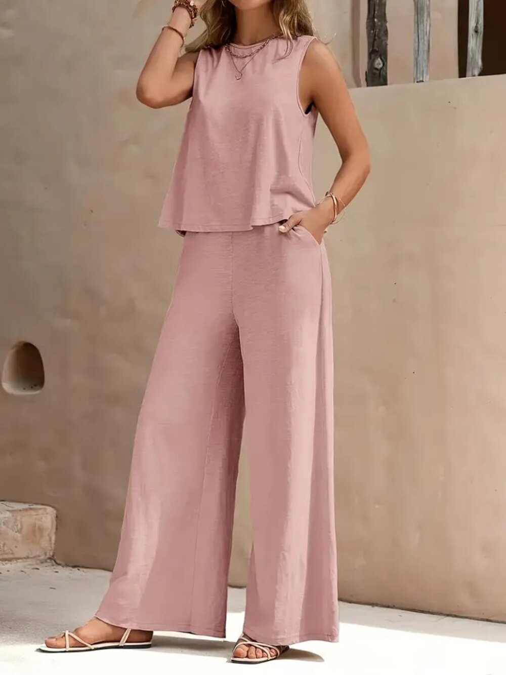 Women's Pink 2-Piece Pant Set – Sleeveless Top & High Waist Wide Leg Trousers
